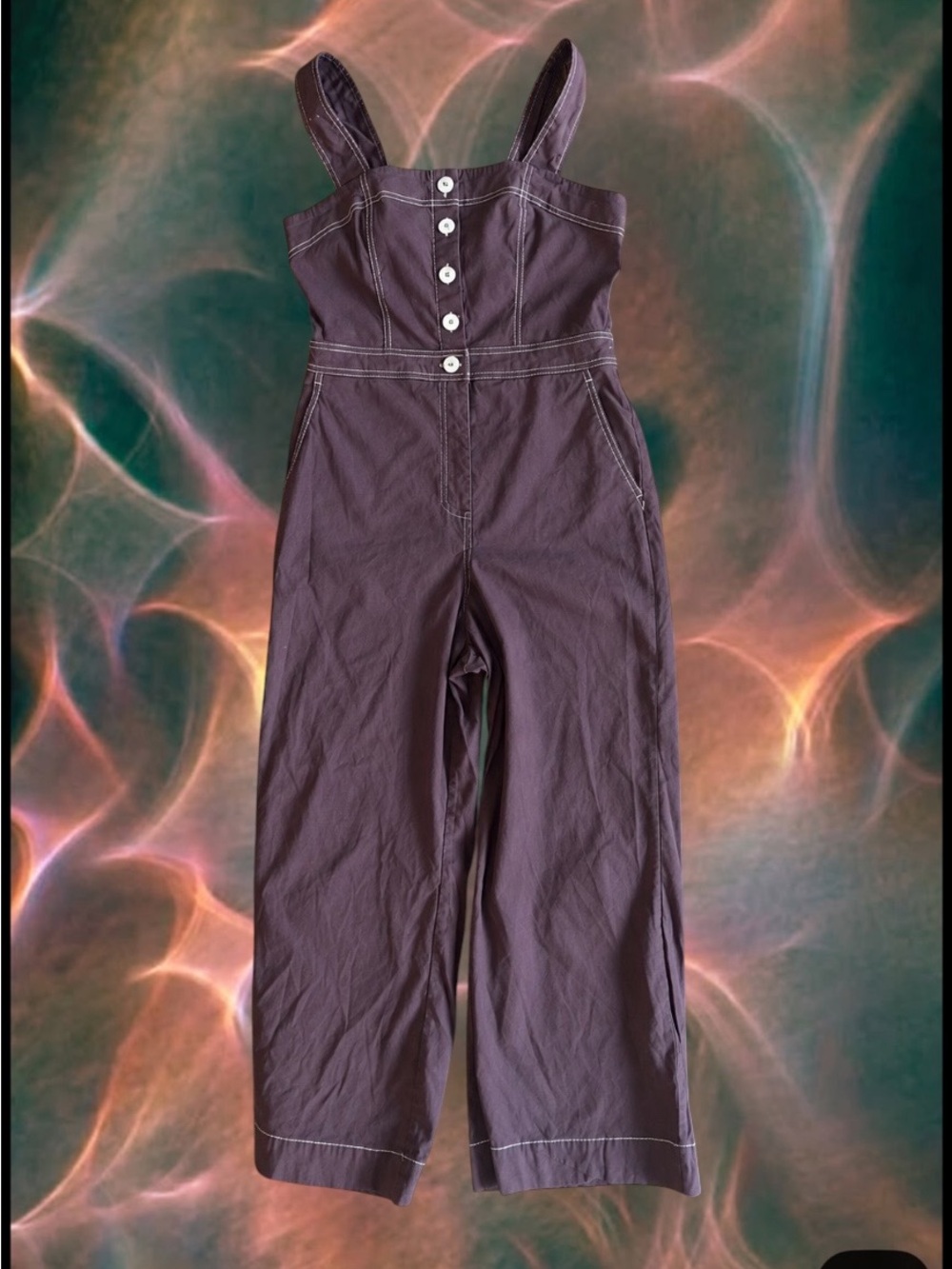 Anthropologie Purple Button-Front Wide-Leg Jumpsuit